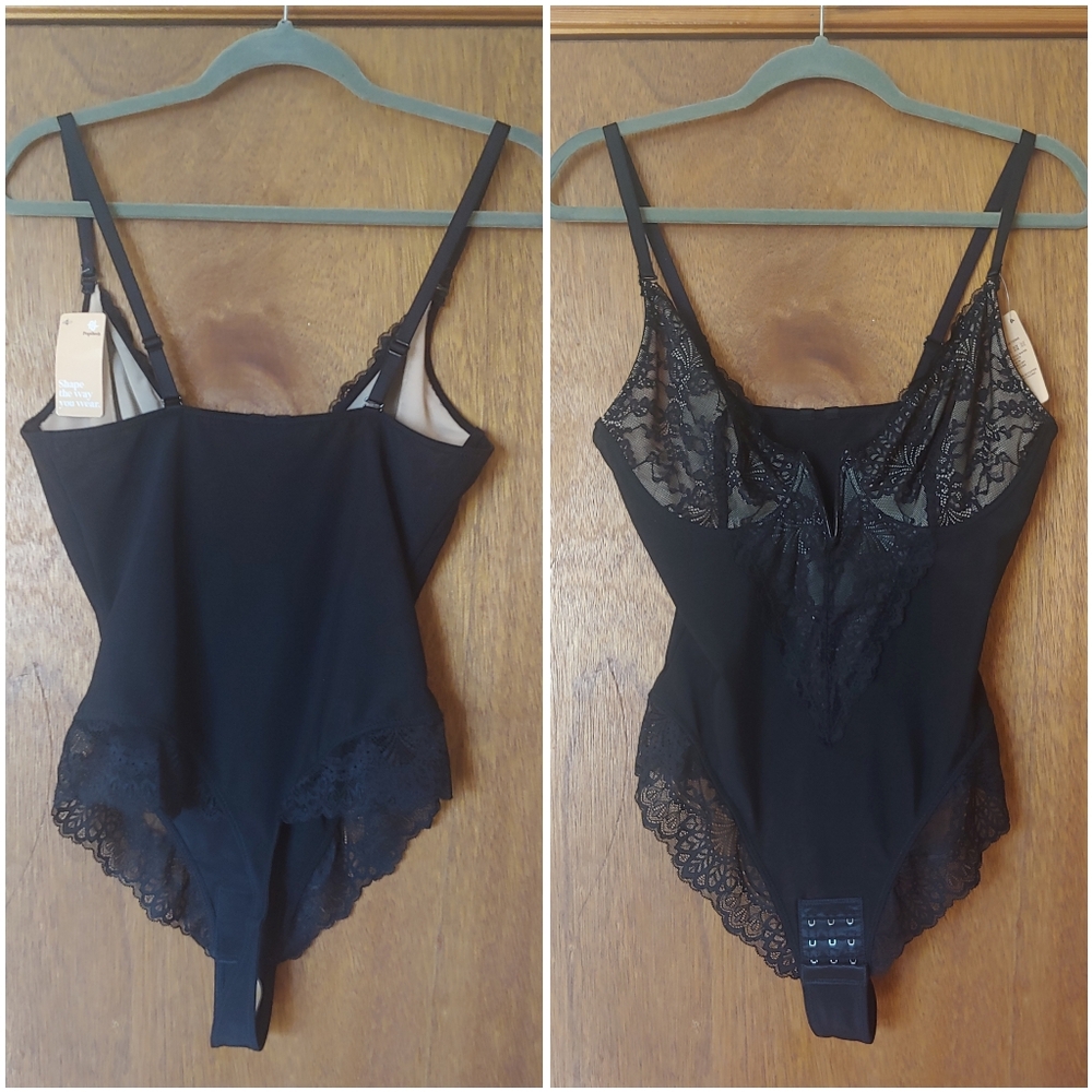 NWT Popilush Black Floral Lace Deep V Shapewear Thong Tummy Control Bodysuit - Picture 3 of 16